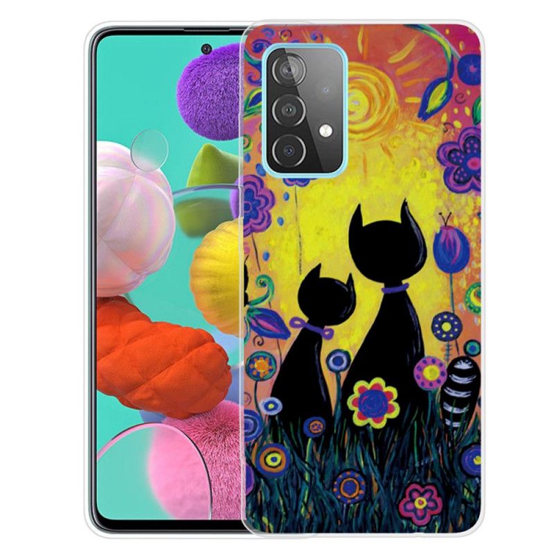 Cover Hoesje Samsung Galaxy A72 4G / A72 5G Geel Zwart Telefoonhoesje Tekenfilmkat