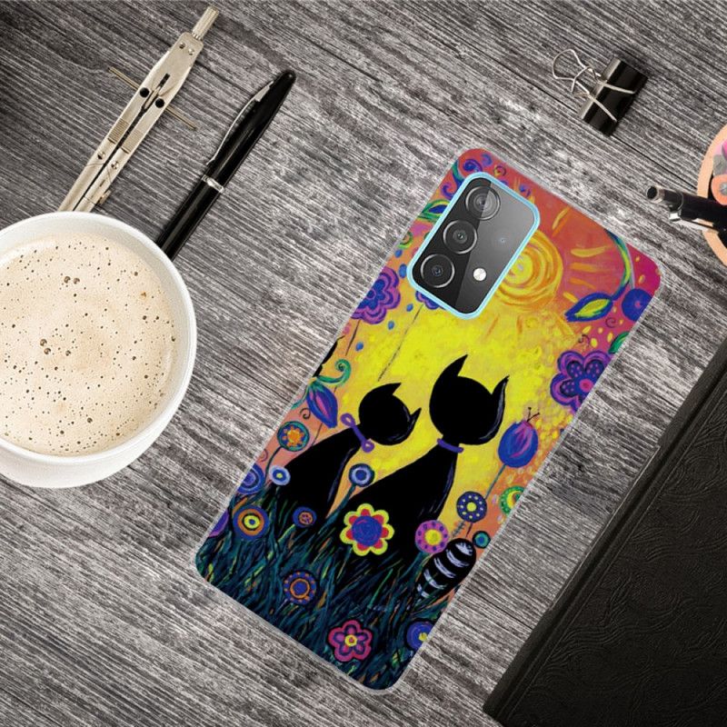 Cover Hoesje Samsung Galaxy A72 4G / A72 5G Geel Zwart Telefoonhoesje Tekenfilmkat