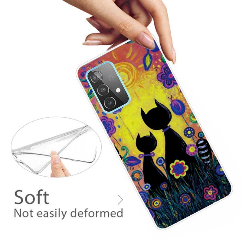 Cover Hoesje Samsung Galaxy A72 4G / A72 5G Geel Zwart Telefoonhoesje Tekenfilmkat