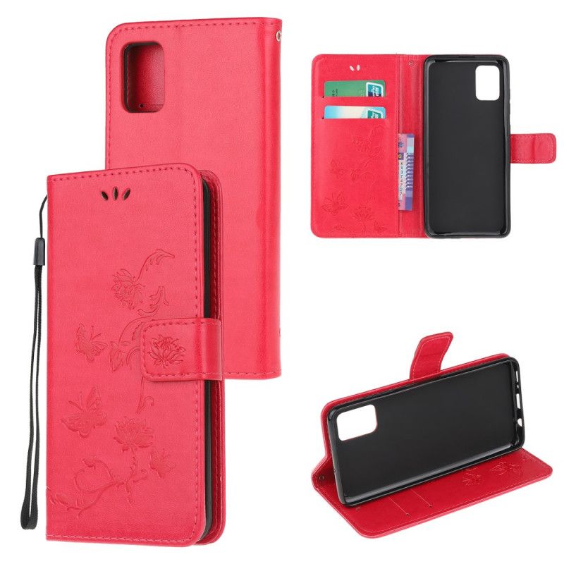 Flip Case Leren Samsung Galaxy A72 4G / A72 5G Grijs Zwart Vlinders En Stringbloemen