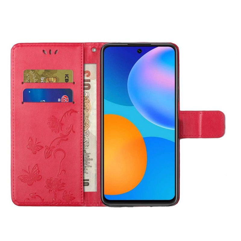 Flip Case Leren Samsung Galaxy A72 4G / A72 5G Grijs Zwart Vlinders En Stringbloemen