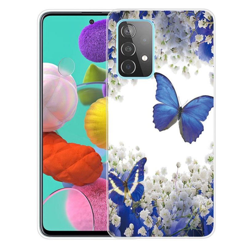 Hoesje Samsung Galaxy A72 4G / A72 5G Goud Donkerblauw Design Vlinders