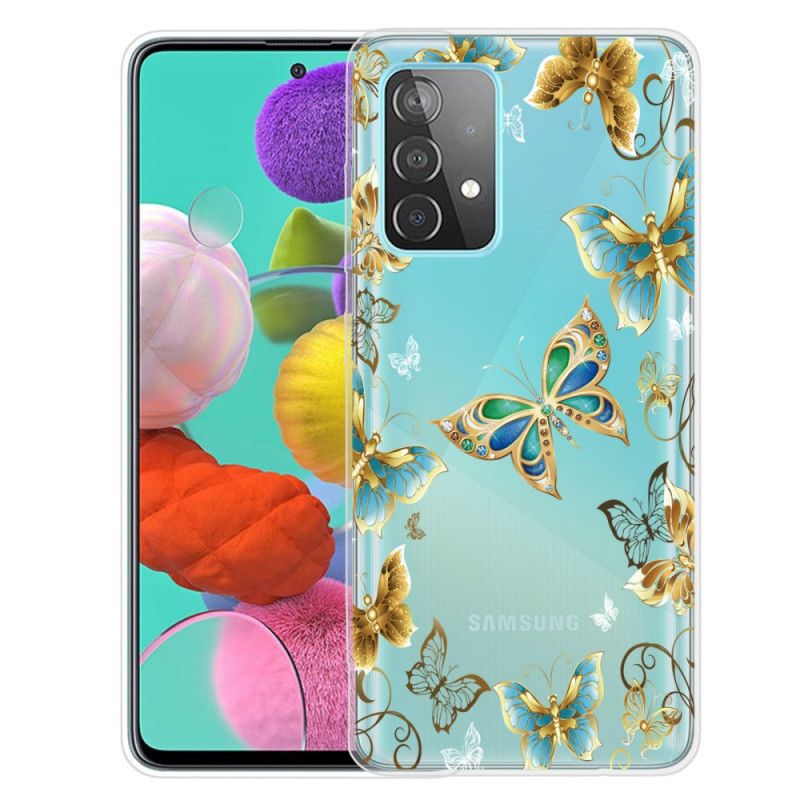 Hoesje Samsung Galaxy A72 4G / A72 5G Goud Donkerblauw Design Vlinders