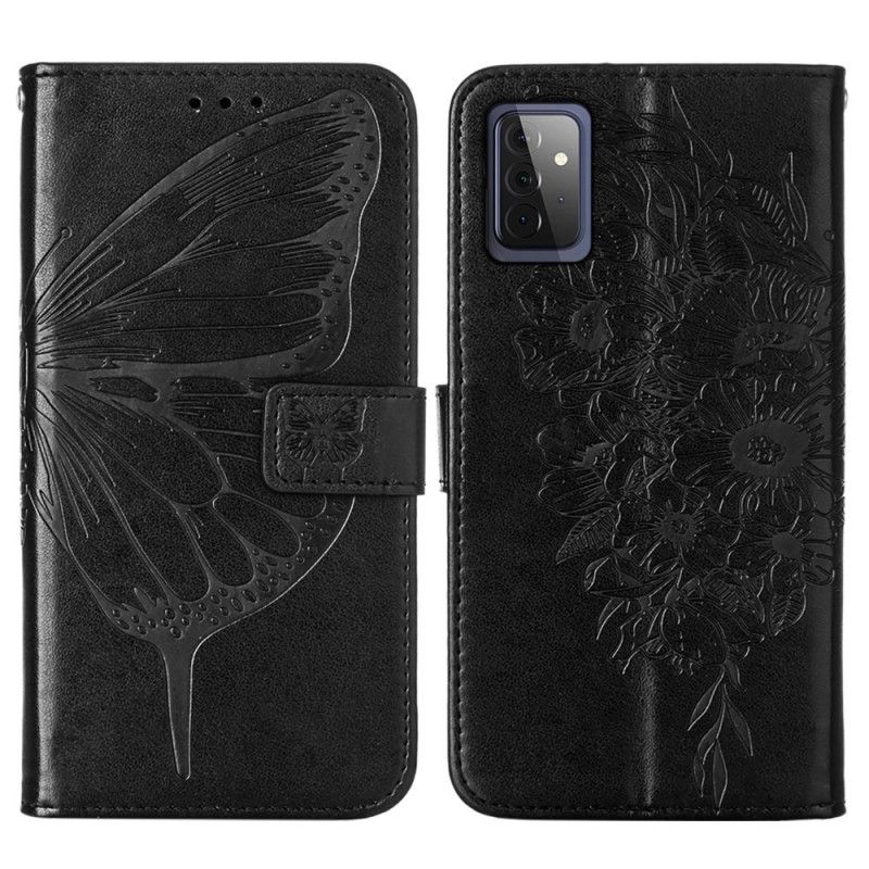 Leren Hoesje voor Samsung Galaxy A72 4G / A72 5G Grijs Zwart Design Vlinder Met Riem