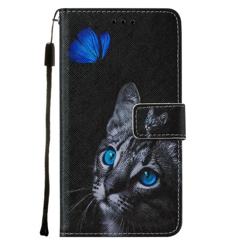 Leren Hoesje voor Samsung Galaxy A72 4G / A72 5G Kat En Blauwe Vlinder