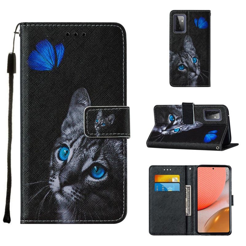 Leren Hoesje voor Samsung Galaxy A72 4G / A72 5G Kat En Blauwe Vlinder