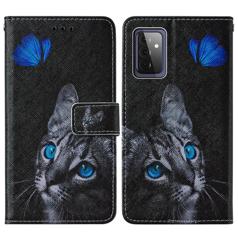 Leren Hoesje voor Samsung Galaxy A72 4G / A72 5G Kat En Blauwe Vlinder