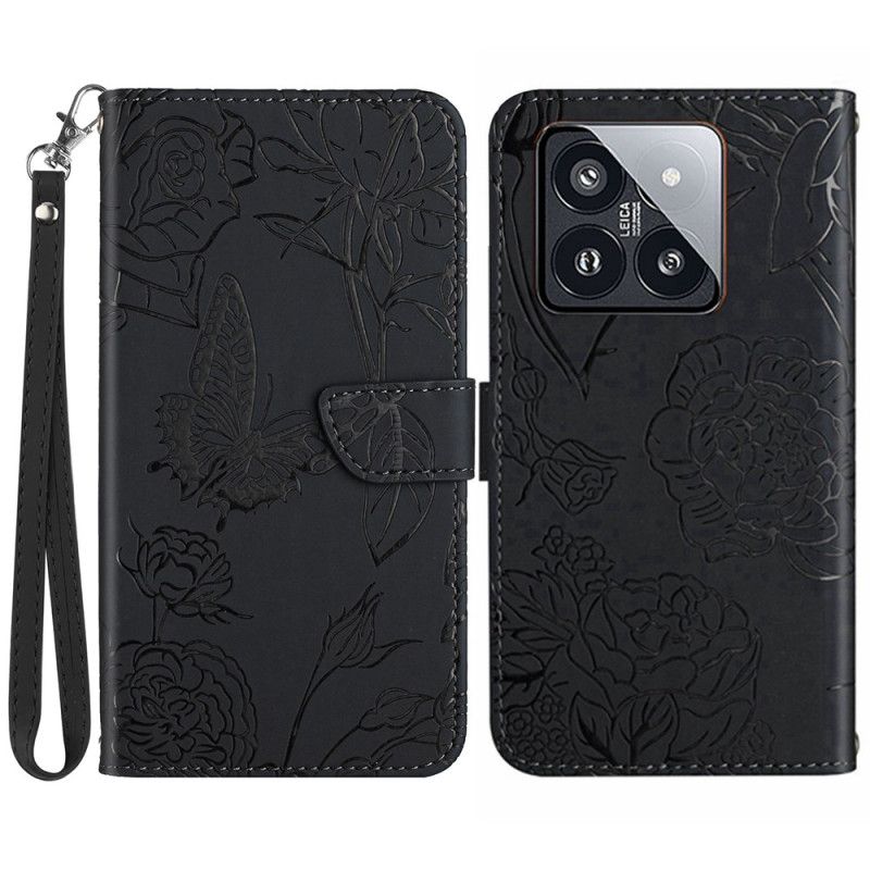 Bescherming Hoesje Xiaomi 14 Pro Vlinderprint Met Bandje