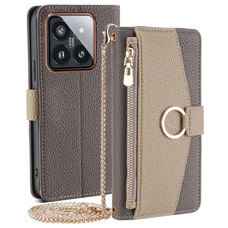 Leren Hoesje Voor Xiaomi 14 Pro Make-upspiegel En Schouderketting