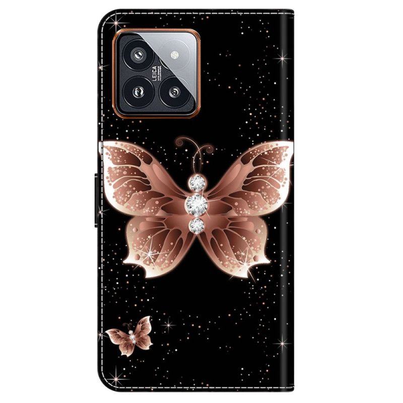 Leren Hoesje Voor Xiaomi 14 Pro Roze Diamanten Vlinder