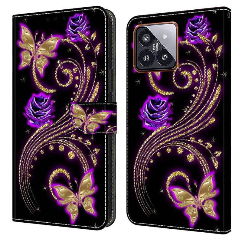 Leren Hoesje Voor Xiaomi 14 Pro Violette Bloemen En Vlinders