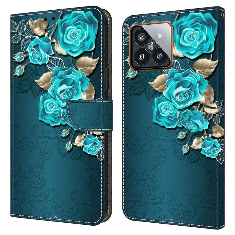 Leren Hoesje Xiaomi 14 Pro Blauwe Rozen Bescherming Hoesje