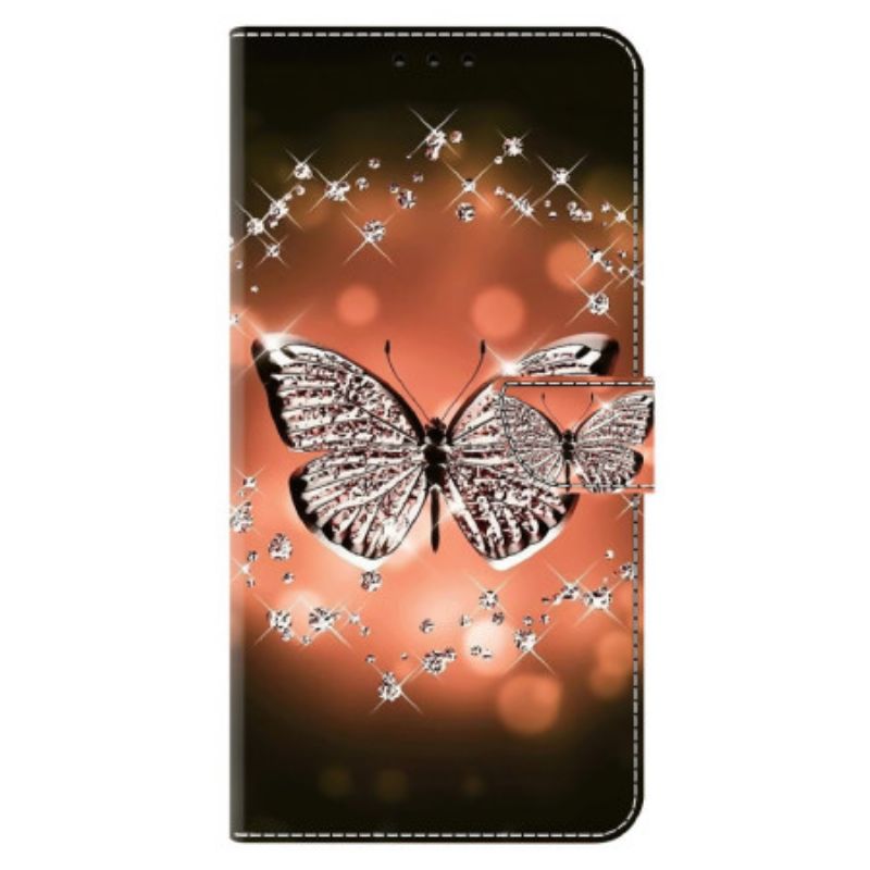 Leren Hoesje Xiaomi 14 Pro Kristallen Vlinder Bescherming Hoesje