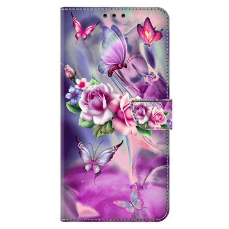 Leren Hoesje Xiaomi 14 Pro Paarse Vlinders En Bloemen