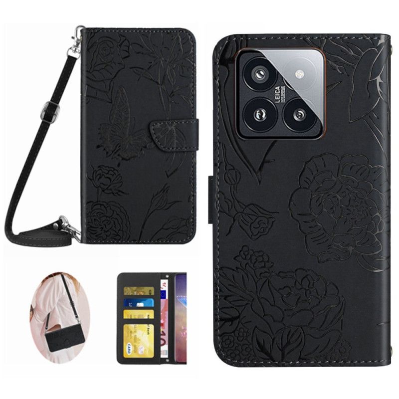 Leren Hoesje Xiaomi 14 Pro Schouderriem Met Vlinderprint Bescherming Hoesje