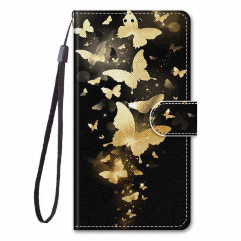 Folio-hoesje voor Samsung Galaxy M53 5G Met Ketting Gouden Vlinders Met Riem