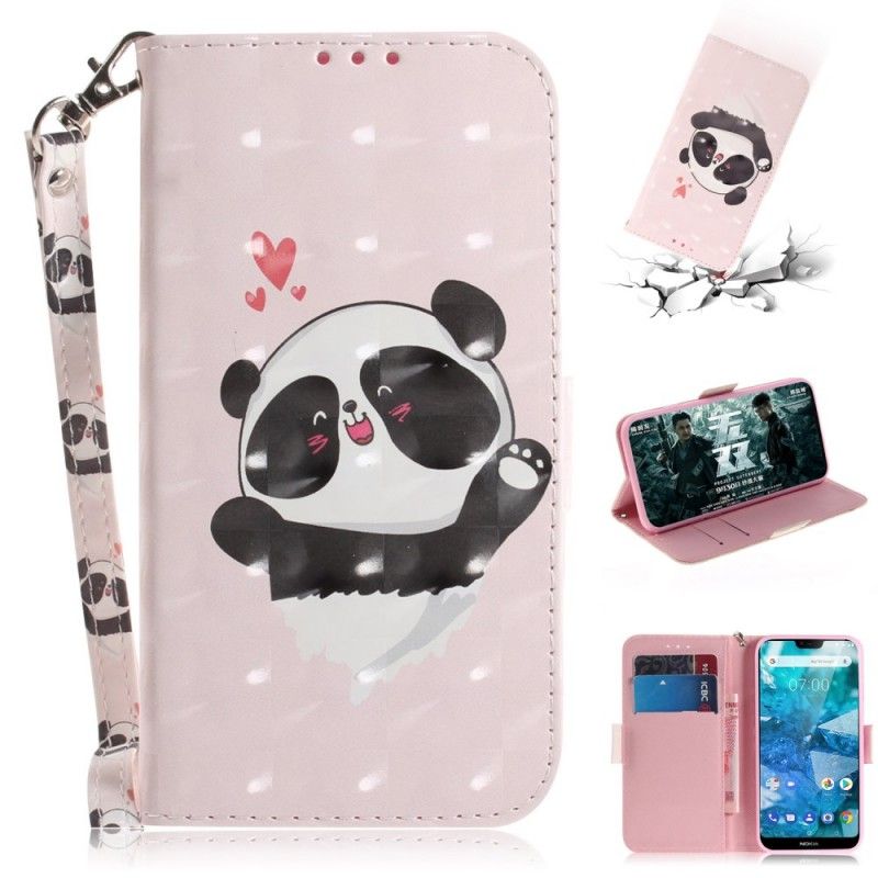 Leren Hoesje Nokia 7.1 Telefoonhoesje Panda Love Met String