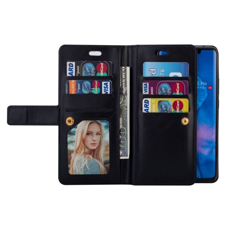 Leren Hoesje Huawei Mate 20 Pro Donkerblauw Zwart Portemonnee Met Riempje