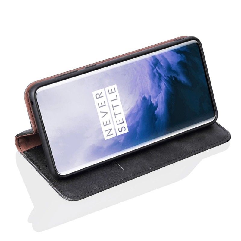 Folio-hoesje OnePlus 7 Pro Bruin Zwart Telefoonhoesje Gestikt Leereffect