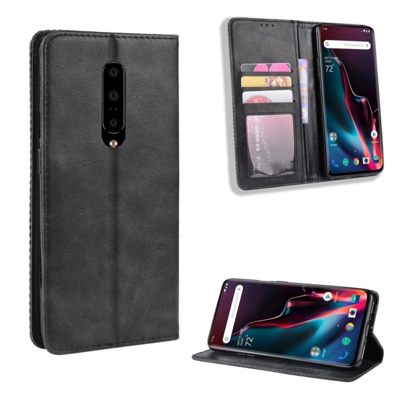 Folio-hoesje OnePlus 7 Pro Donkerblauw Zwart Telefoonhoesje Gestileerd Vintage Leereffect