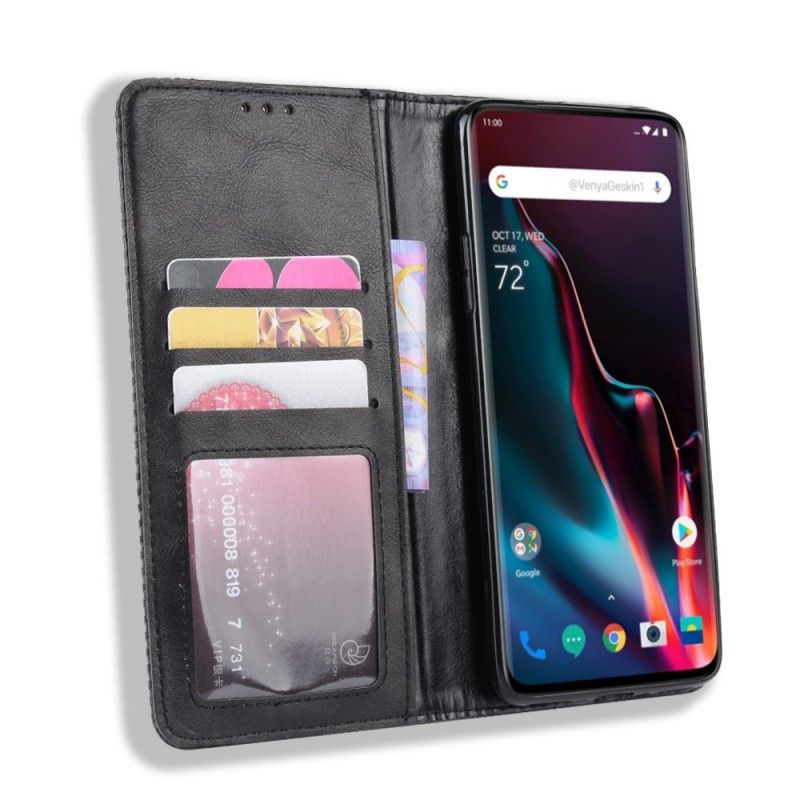 Folio-hoesje OnePlus 7 Pro Donkerblauw Zwart Telefoonhoesje Gestileerd Vintage Leereffect