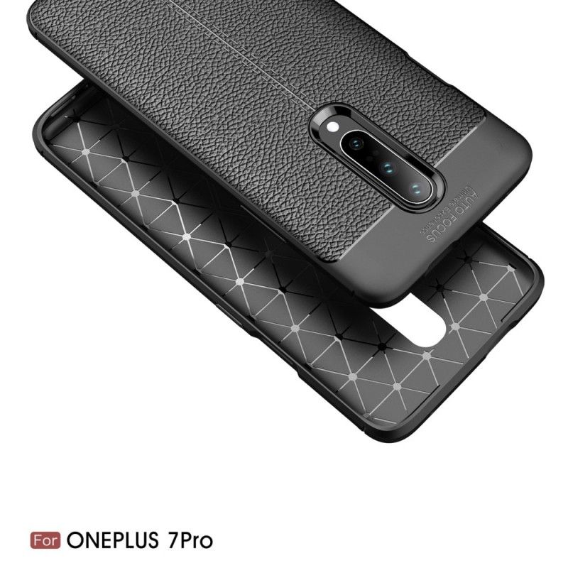 Hoesje voor OnePlus 7 Pro Donkerblauw Zwart Dubbellijns Lychee Leereffect