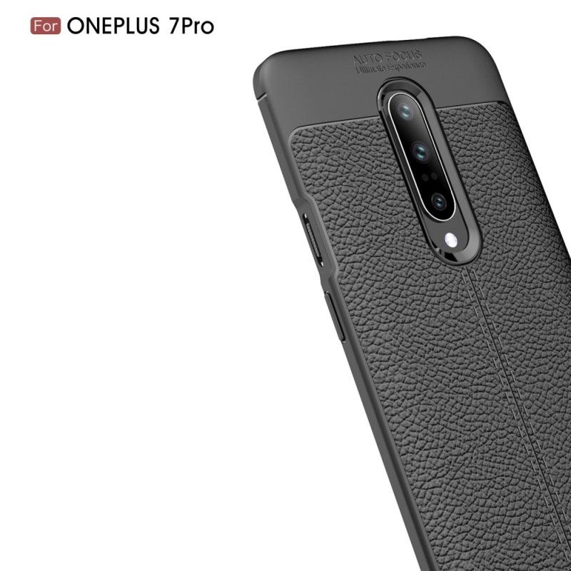 Hoesje voor OnePlus 7 Pro Donkerblauw Zwart Dubbellijns Lychee Leereffect