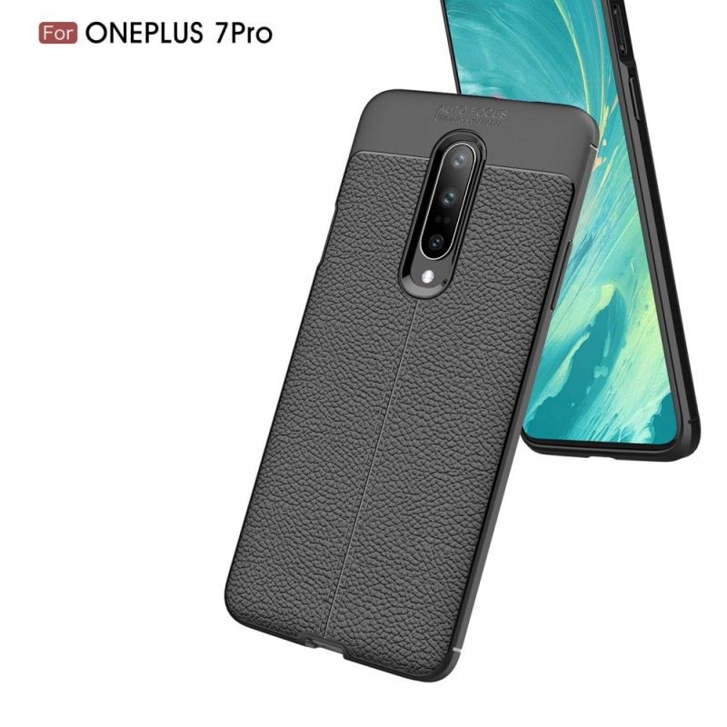 Hoesje voor OnePlus 7 Pro Donkerblauw Zwart Dubbellijns Lychee Leereffect