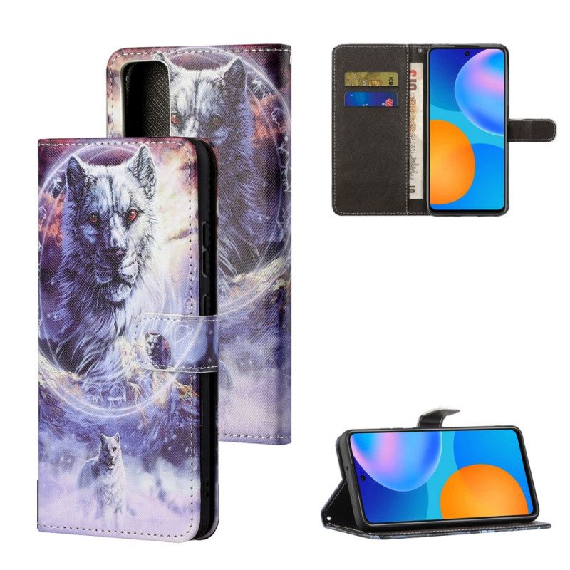 Leren Hoesje Honor 10X Lite Telefoonhoesje Wolf In De Winter Met String