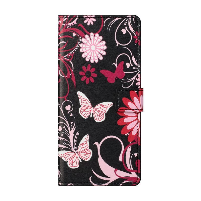 Leren Hoesje Honor 10X Lite Wit Zwart Telefoonhoesje Vlinders En Bloemen