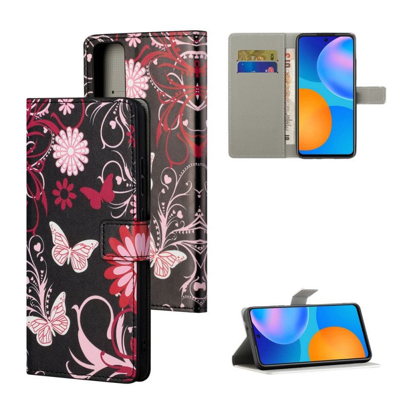 Leren Hoesje Honor 10X Lite Wit Zwart Telefoonhoesje Vlinders En Bloemen