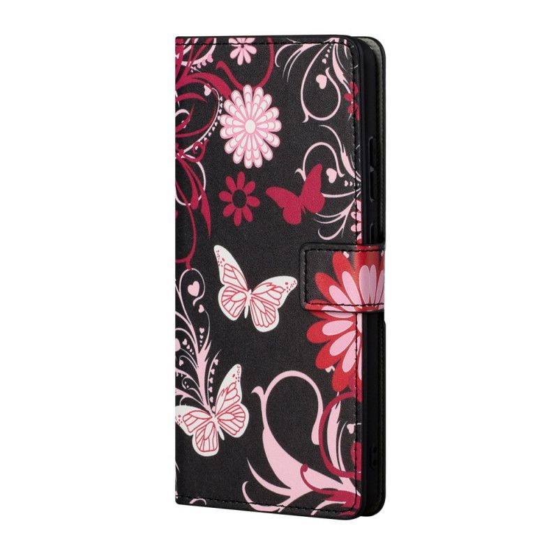 Leren Hoesje Honor 10X Lite Wit Zwart Telefoonhoesje Vlinders En Bloemen