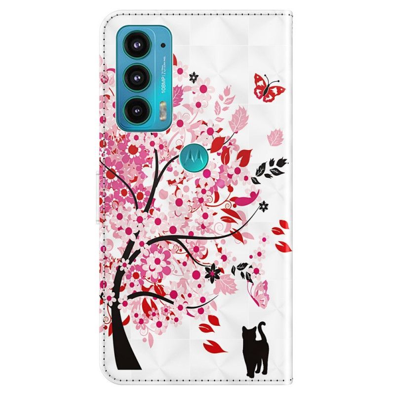 Flip Case Leren Moto E20 / E30 / E40 Roze Boom En Zwarte Kat