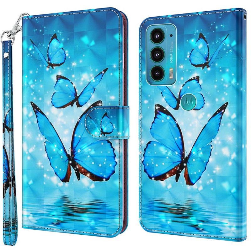 Leren Hoesje Voor Moto E20 / E30 / E40 Vliegende Blauwe Vlinders