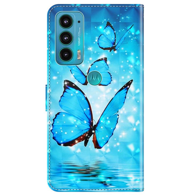 Leren Hoesje Voor Moto E20 / E30 / E40 Vliegende Blauwe Vlinders