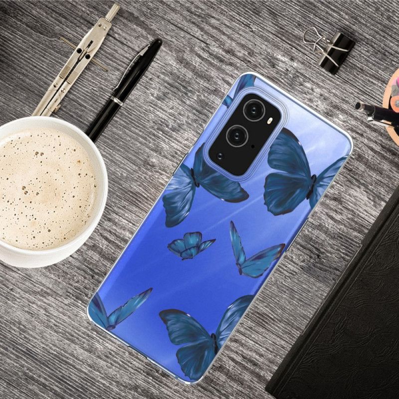 Hoesje voor OnePlus 9 Pro Donkerblauw Roze Wilde Vlinders