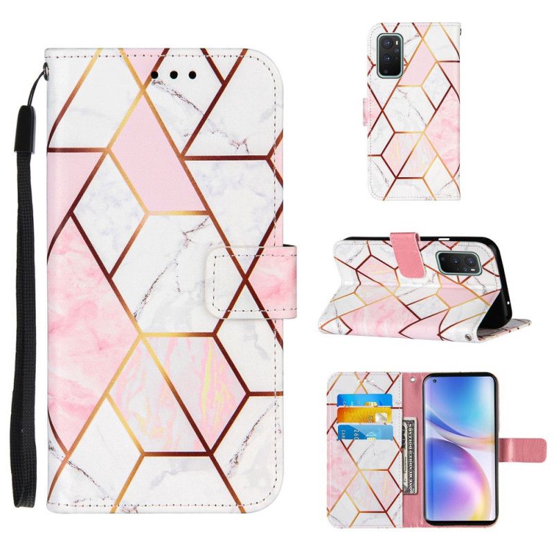 Leren Hoesje OnePlus 9 Pro Donkerblauw Roze Geometrisch Marmer Met Riem