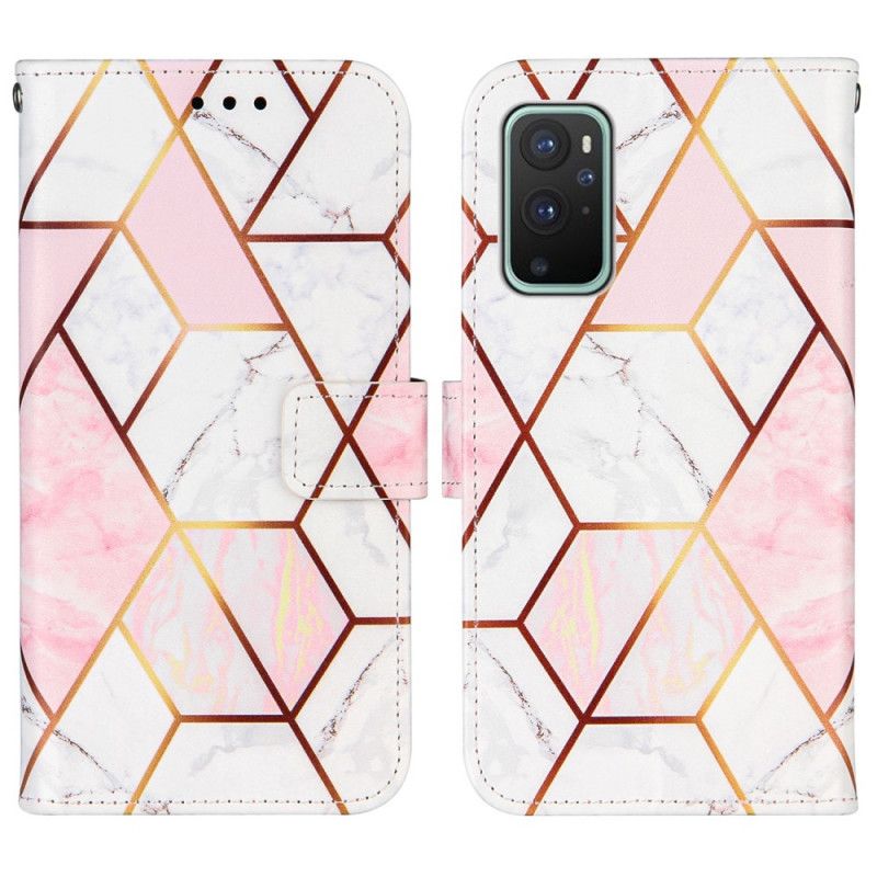 Leren Hoesje OnePlus 9 Pro Donkerblauw Roze Geometrisch Marmer Met Riem