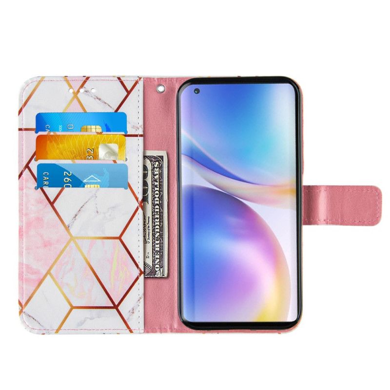 Leren Hoesje OnePlus 9 Pro Donkerblauw Roze Geometrisch Marmer Met Riem