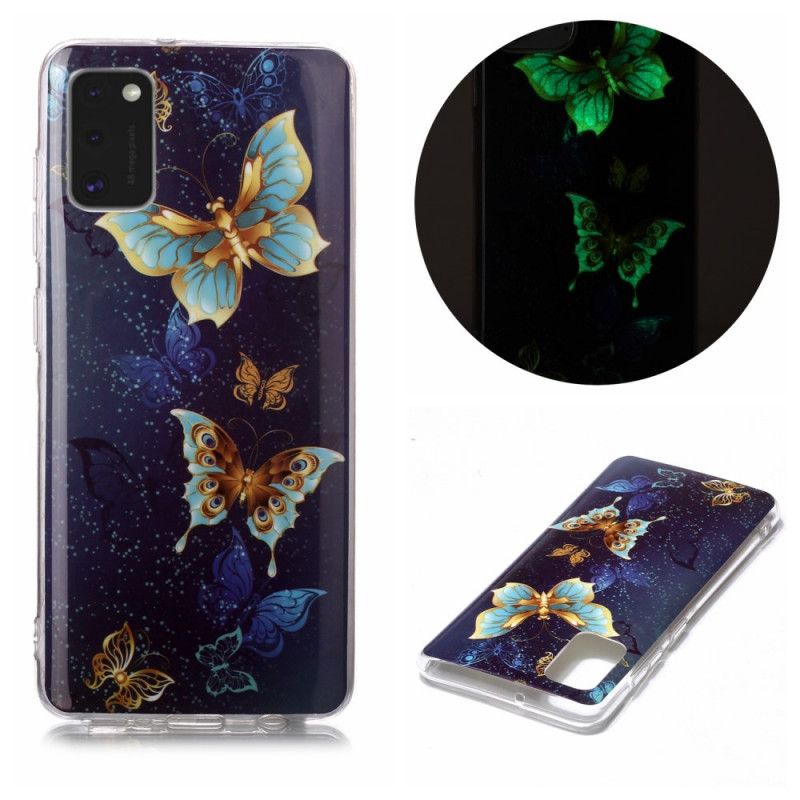 Case Hoesje Samsung Galaxy A41 Paars Lichtblauw Telefoonhoesje Serie Fluorescerende Vlinder