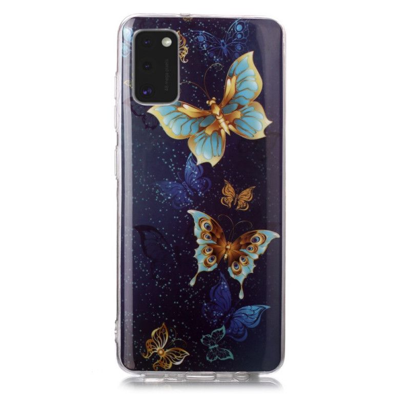 Case Hoesje Samsung Galaxy A41 Paars Lichtblauw Telefoonhoesje Serie Fluorescerende Vlinder