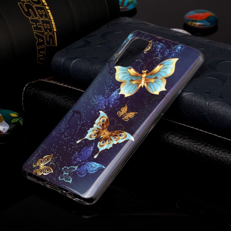 Case Hoesje Samsung Galaxy A41 Paars Lichtblauw Telefoonhoesje Serie Fluorescerende Vlinder