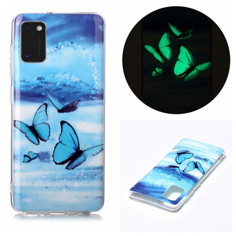 Case Hoesje Samsung Galaxy A41 Paars Lichtblauw Telefoonhoesje Serie Fluorescerende Vlinder