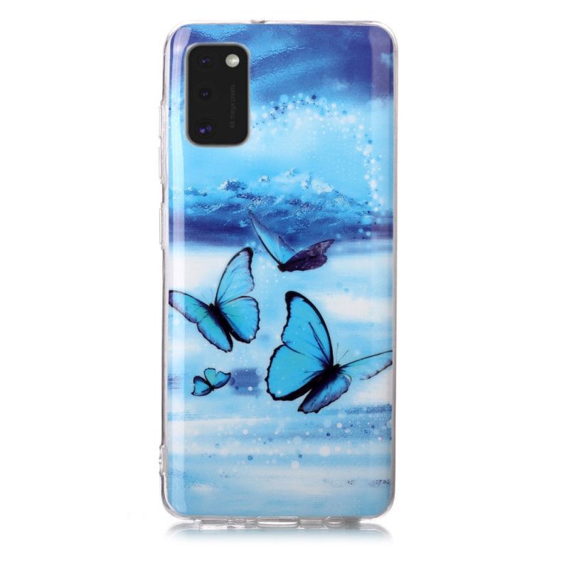 Case Hoesje Samsung Galaxy A41 Paars Lichtblauw Telefoonhoesje Serie Fluorescerende Vlinder