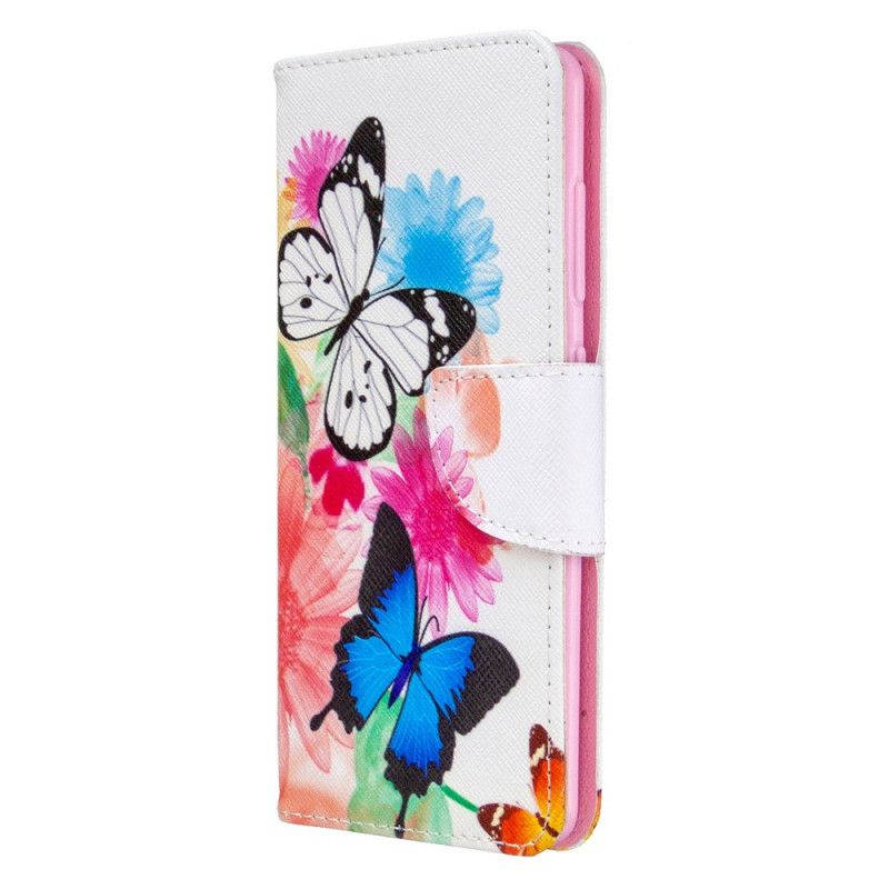 Cover Folio-hoesje Samsung Galaxy A41 Lichtblauw Magenta Telefoonhoesje Geschilderde Vlinders En Bloemen