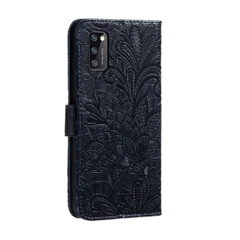 Leren Hoesje Samsung Galaxy A41 Cyaan Grijs Tribal String Bloemen