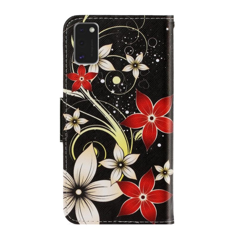 Leren Hoesje Samsung Galaxy A41 Grijs Zwart Kleurrijke Bloemen Met Een Riem