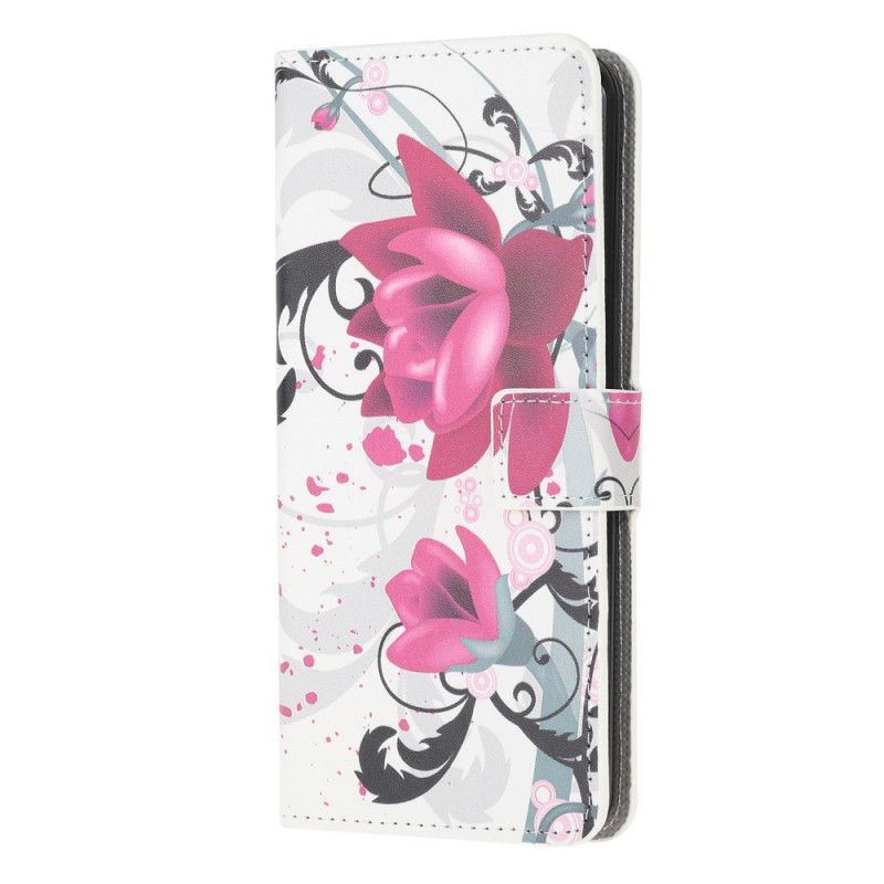 Leren Hoesje Samsung Galaxy A41 Roze Magenta Tropische Bloemen