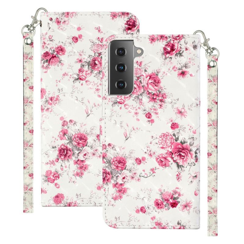 Bescherming Hoesje Samsung Galaxy S21 5G Telefoonhoesje Bloemen Lichtvlekjes Met Riempje