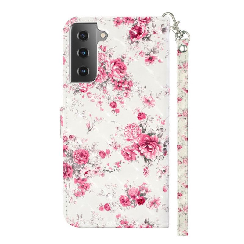 Bescherming Hoesje Samsung Galaxy S21 5G Telefoonhoesje Bloemen Lichtvlekjes Met Riempje